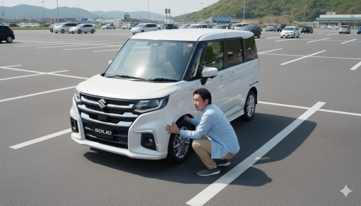 ソリオのタイヤをチェックする男性