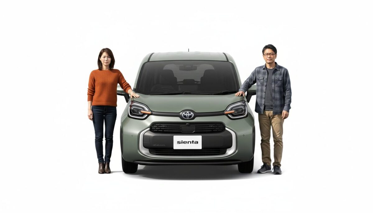 シエンタに手を置きこちらを見つめる男女