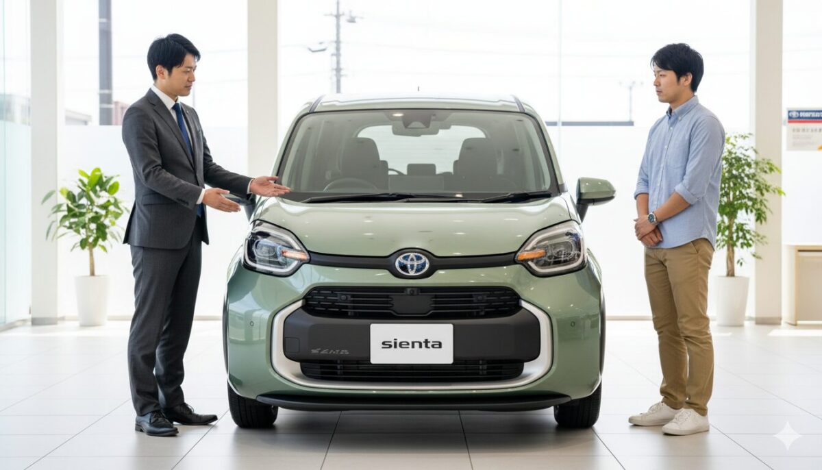 ディーラーにで定員にシエンタの説明を受ける男性