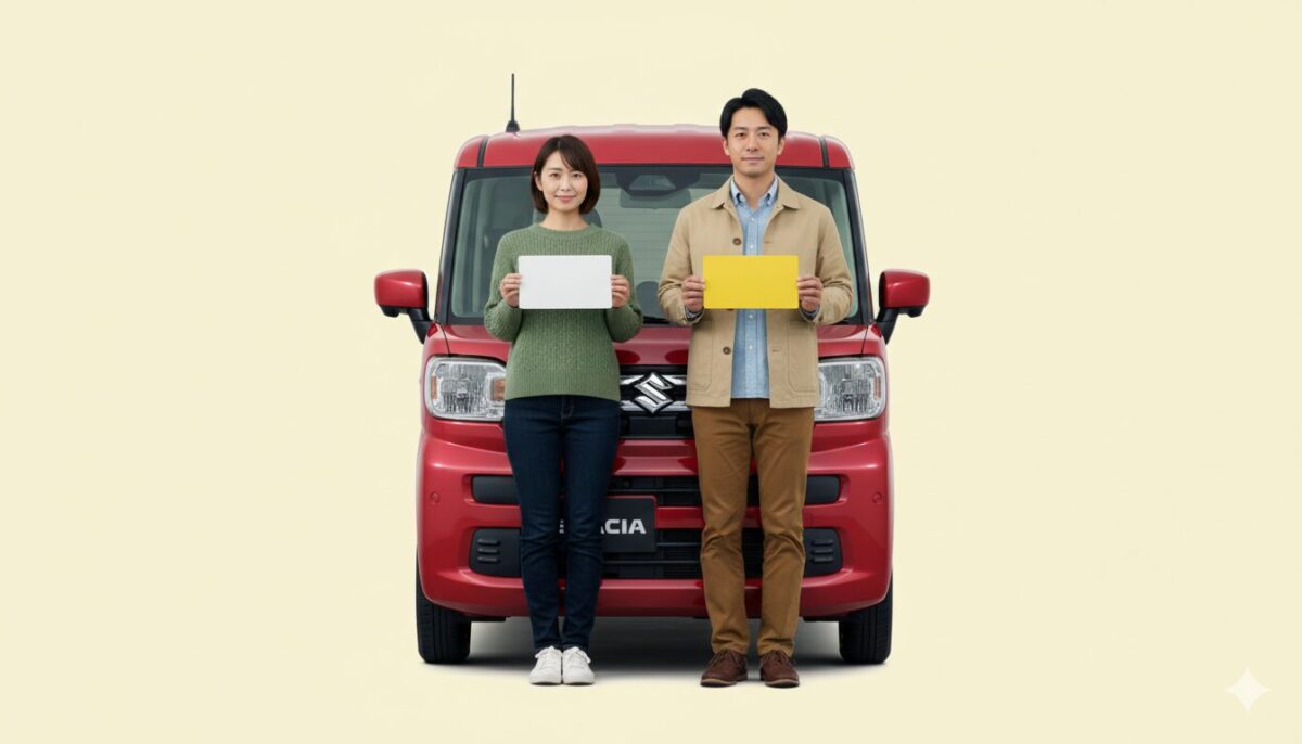 スペーシアのまえで白ナンバーを持つ女性と黄色ナンバーを持つ男性