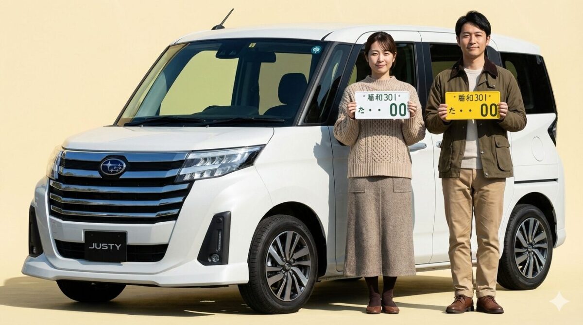 スバルジャスティと並んで白ナンバーを持つ女性と黄色ナンバーを持つ男性