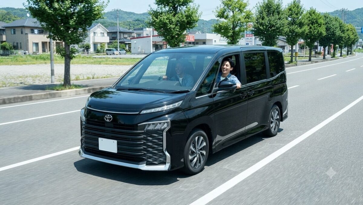 街路樹が植えられた郊外の道をヴォクシーで走行する男性2人組