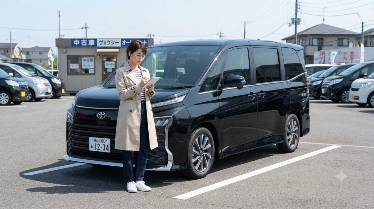 中古車センターでヴォクシーを検討する女性