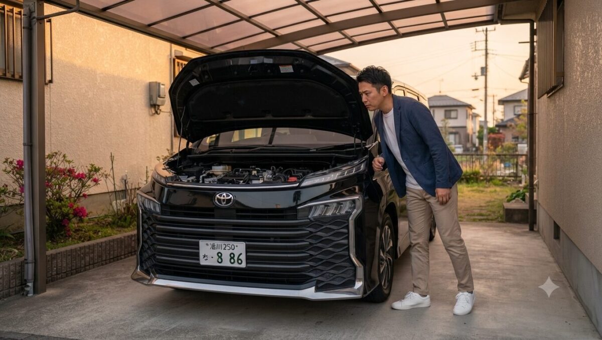 ガレージでヴォクシーのボンネットを開けて点検する男性