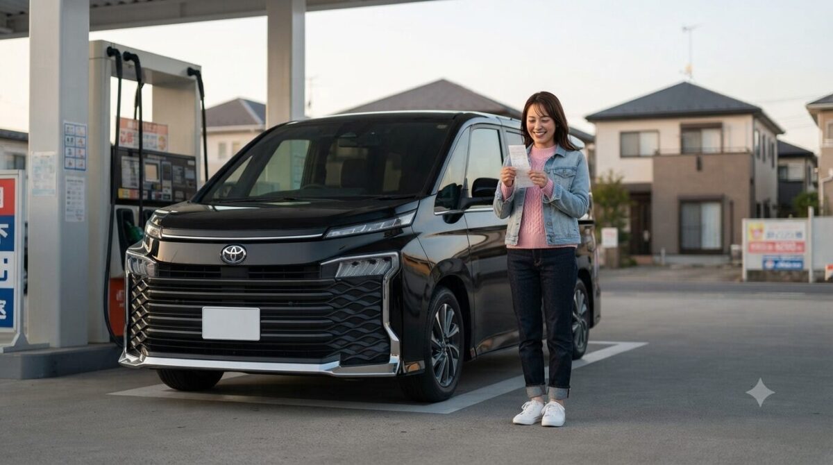 ガソリンスタンドでヴォクシーに給油してレシートを見る女性