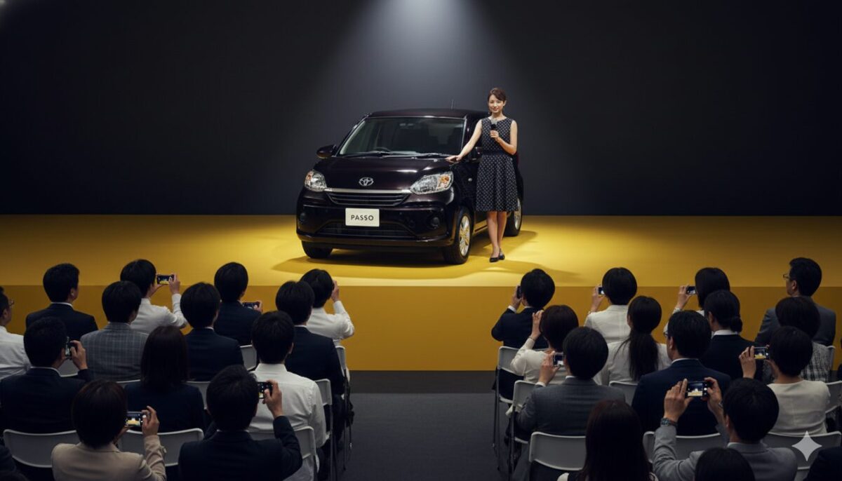 ステージに置かれた黒のパッソと横に立つ女性