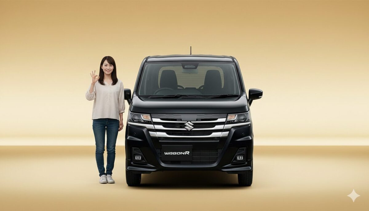 黒のワゴンRと指で丸マークを作る女性