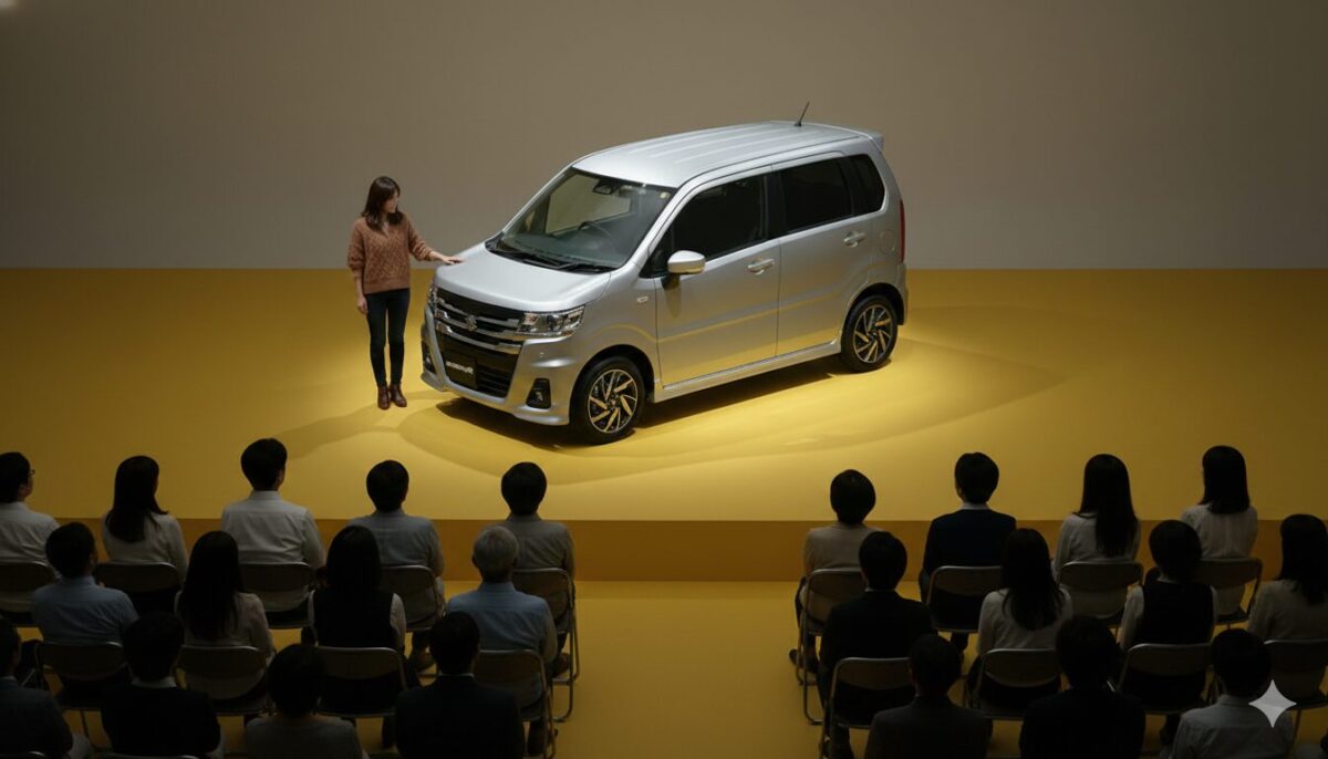 ステージでワゴンRと並ぶ女性と見守る観客