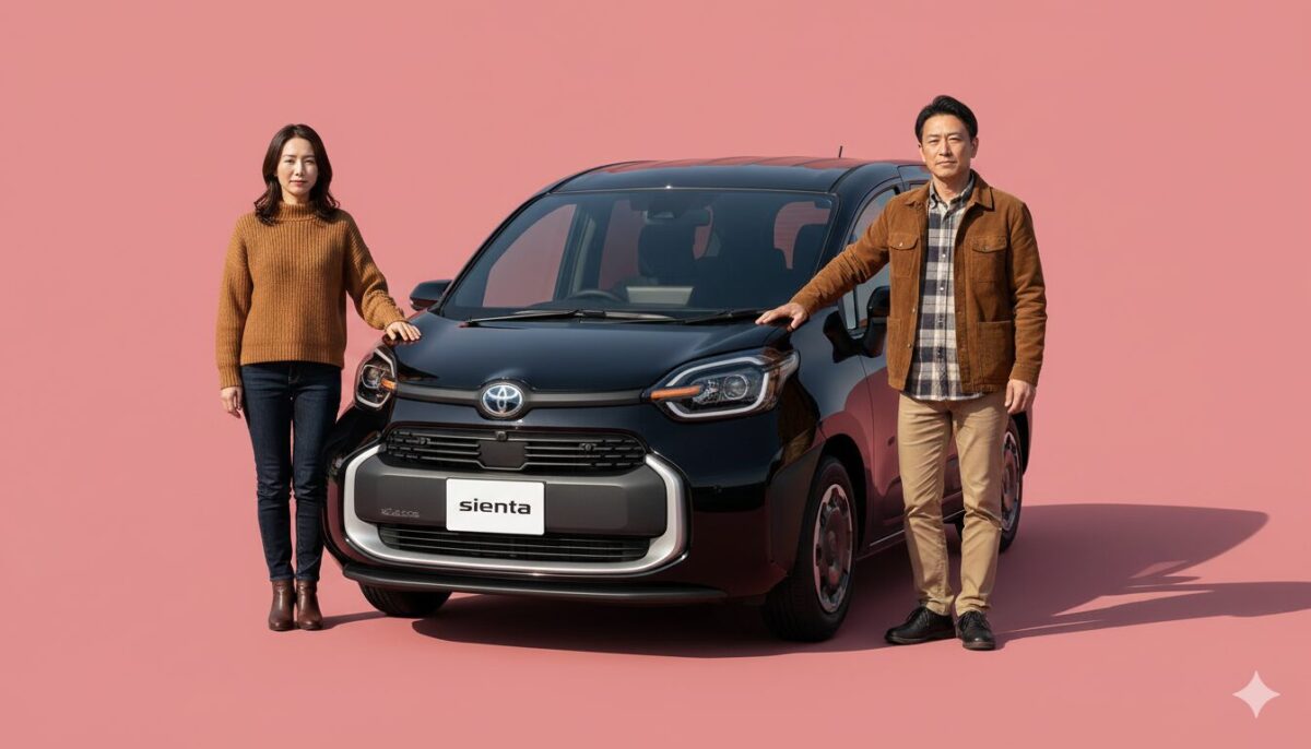 黒いシエンタの両脇に立つ40代の男女