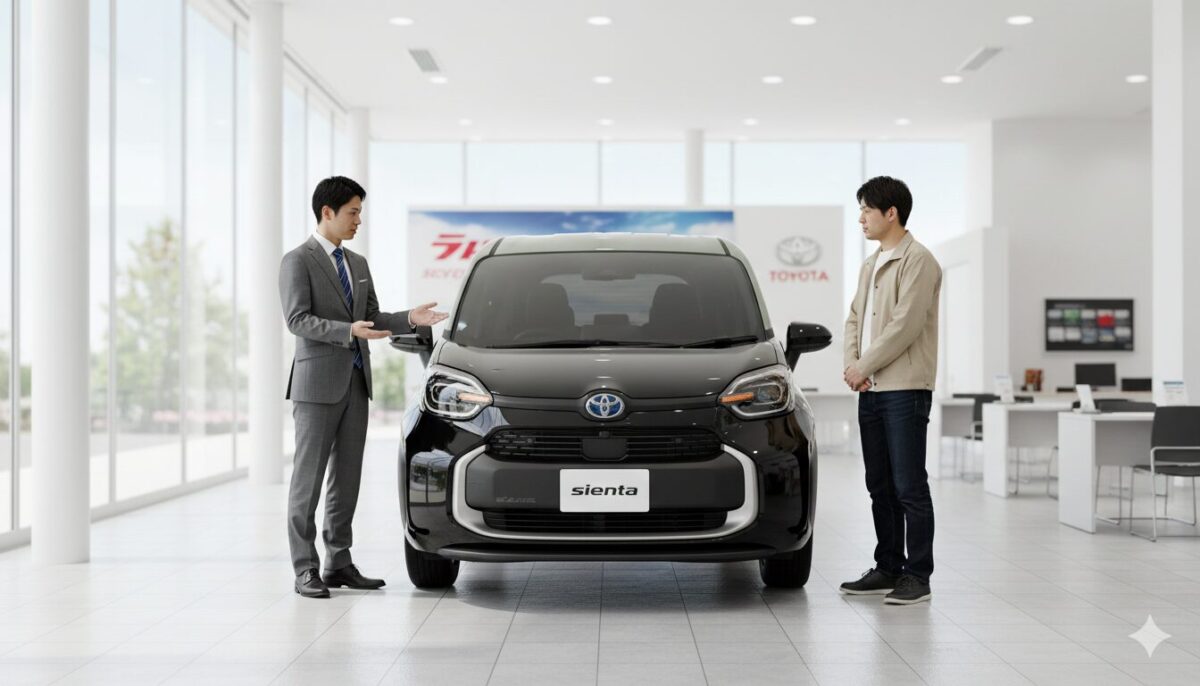 ディーラーで黒のシエンタのまで販売員に質問をする男性