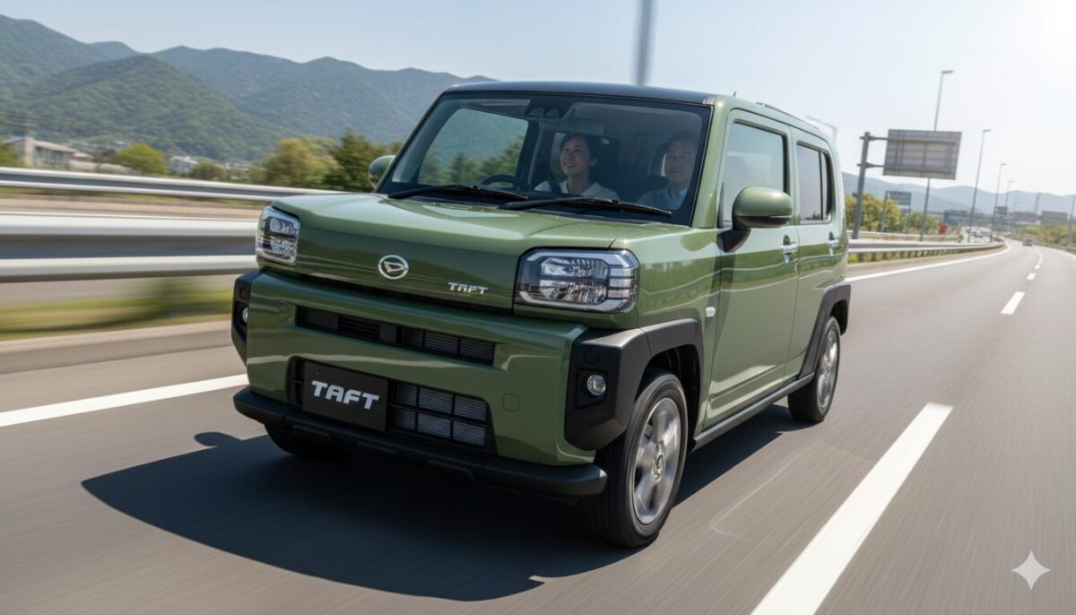 高速道路を走るカーキ色のタフト