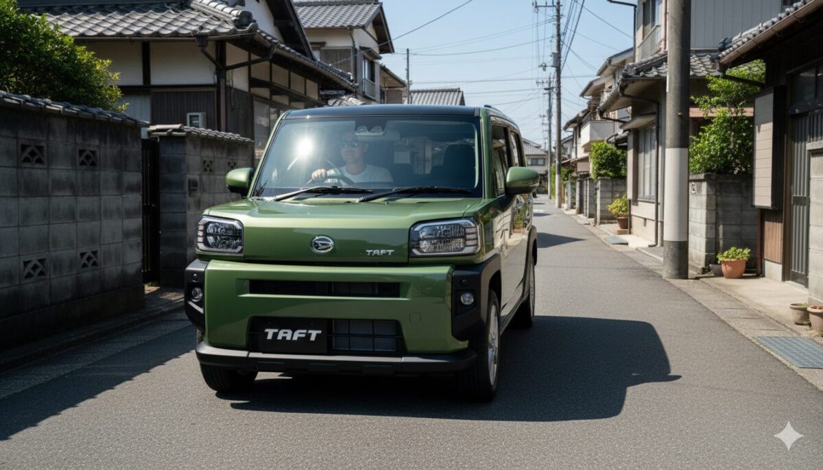 住宅地の脇道を走るタフト