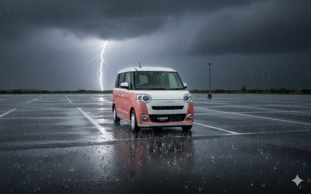 雷雨のなか駐車場に停められたムーブキャンバス