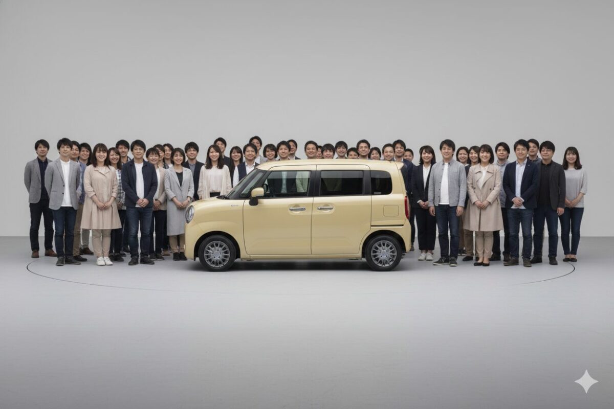 シフォンアイボリーのワゴンRスマイルの後ろに並ぶ男女