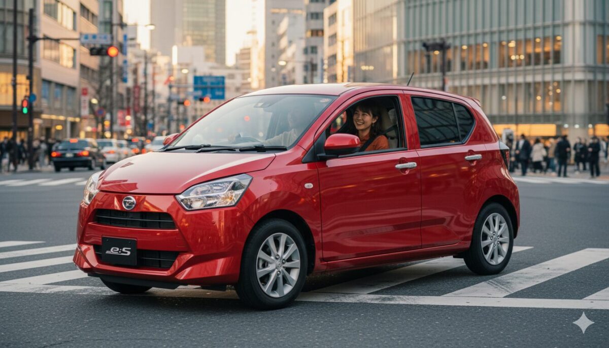 赤のミライースに乗ってドライブデートする男女