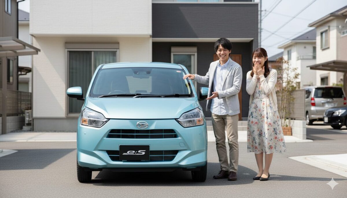 家の前に停めた青のミライースを彼女に見せる彼氏