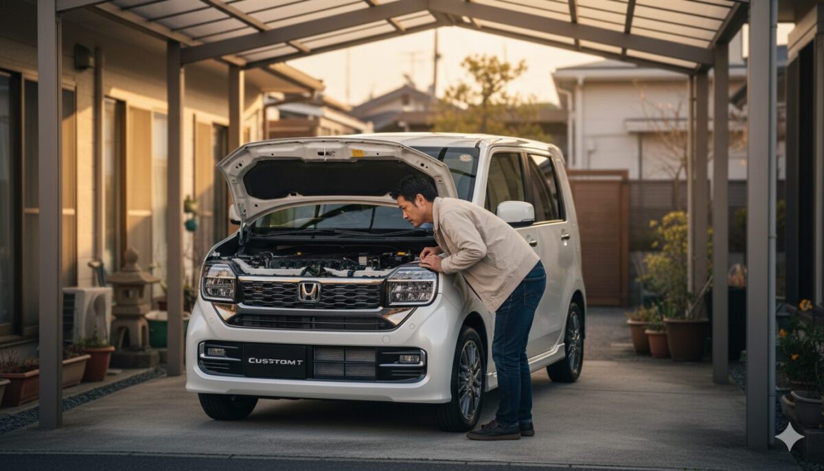 ガレージでN-WGNの整備をする男性