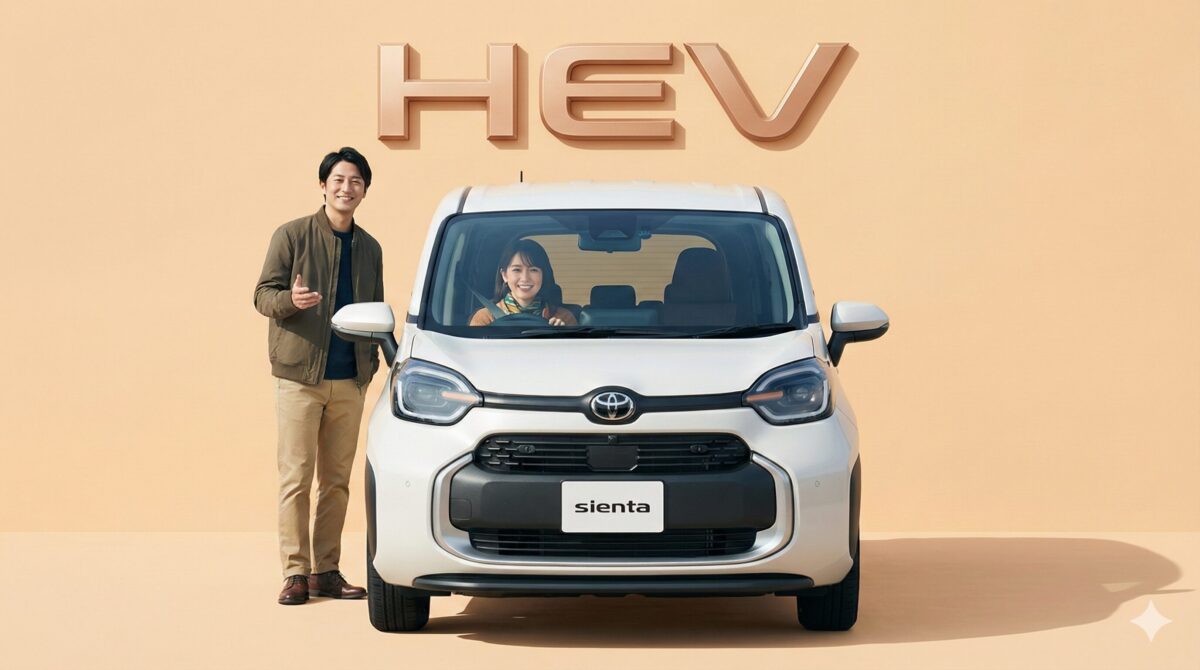 白いシエンタの運転席に座る女性とそばに立って微笑む男性