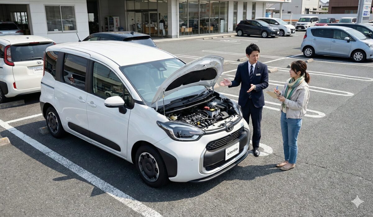 シエンタのボンネットを開けて解説する販売員と話しを聞く女性