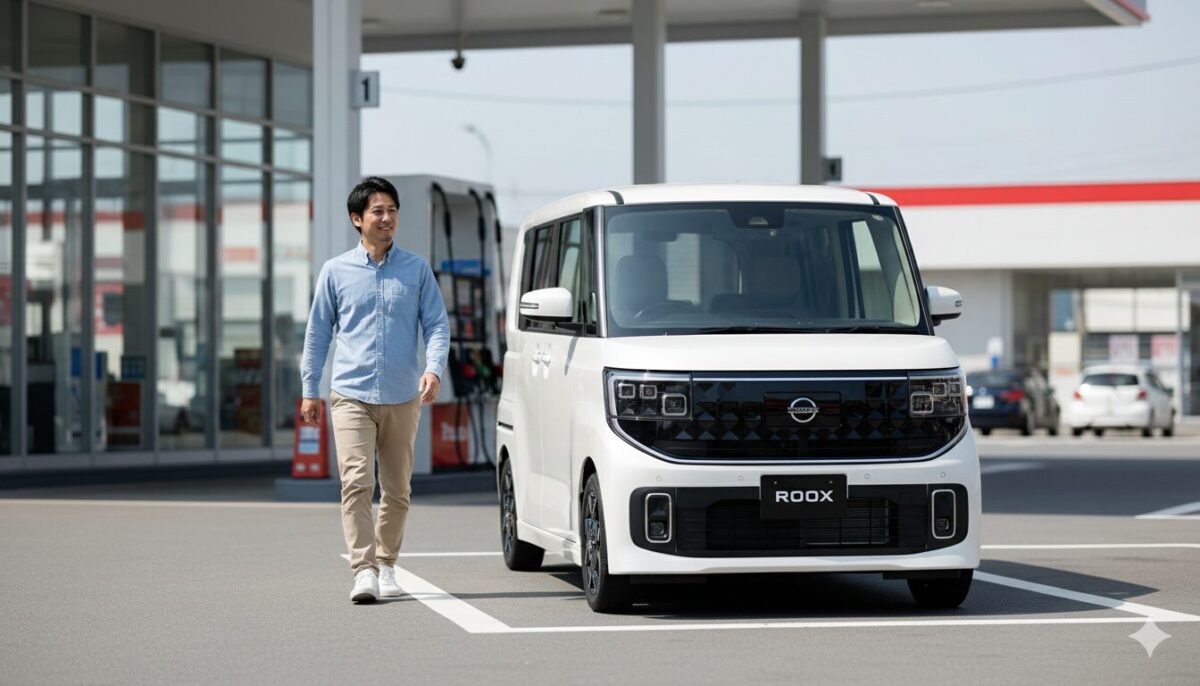 ルークスをガソリンスタンドに停めた男性