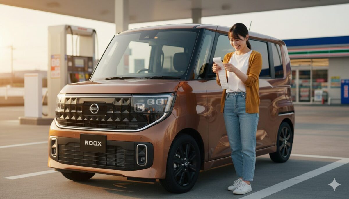 ルークスの隣でガソリン代のレシートを見る女性