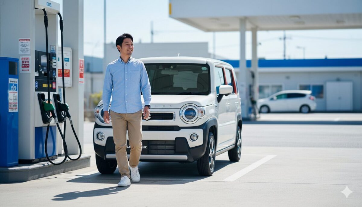 ガソリンスタンドに停車した白いハスラーと男性