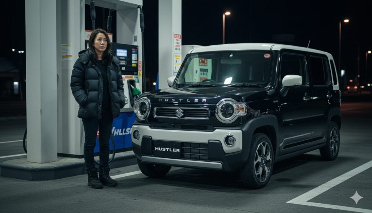 夜のガソリンスタンドに停車した黒いハスラーと女性