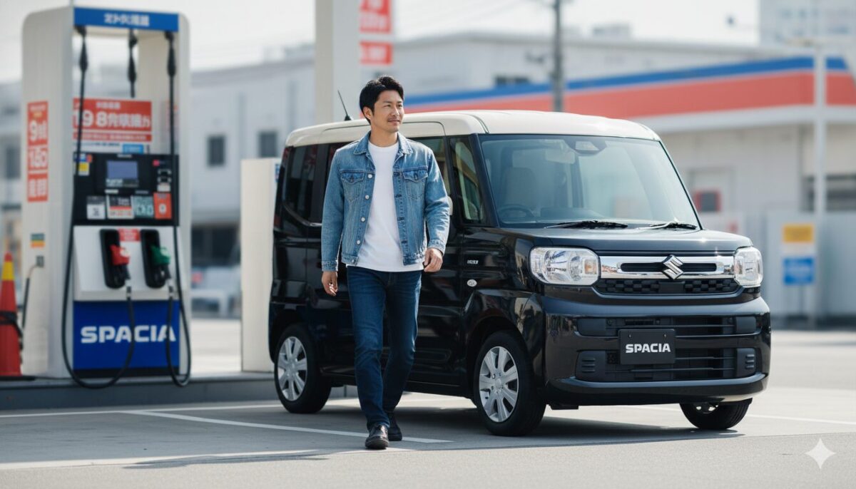 黒のスペーシアをガソリンスタンドに停めた男性