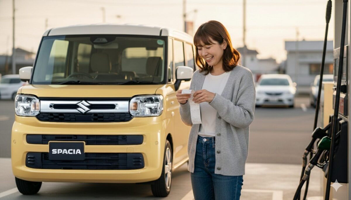 夕暮れのガソリンスタンドでレシートを確認する女性