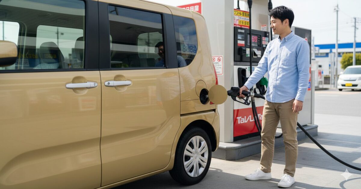 タントにガソリンを入れる男性
