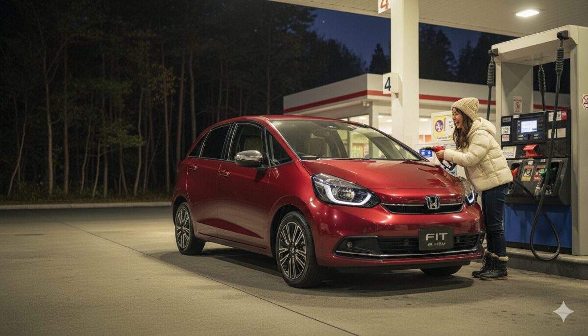 深夜のガソリンスタンドで赤いフィットに給油する女性