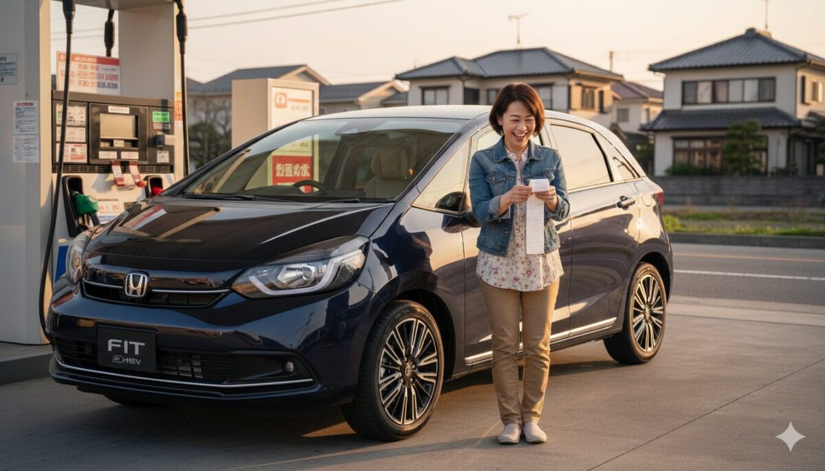 夕方のガソリンスタンドでフィットに給油しレシートを確認する女性