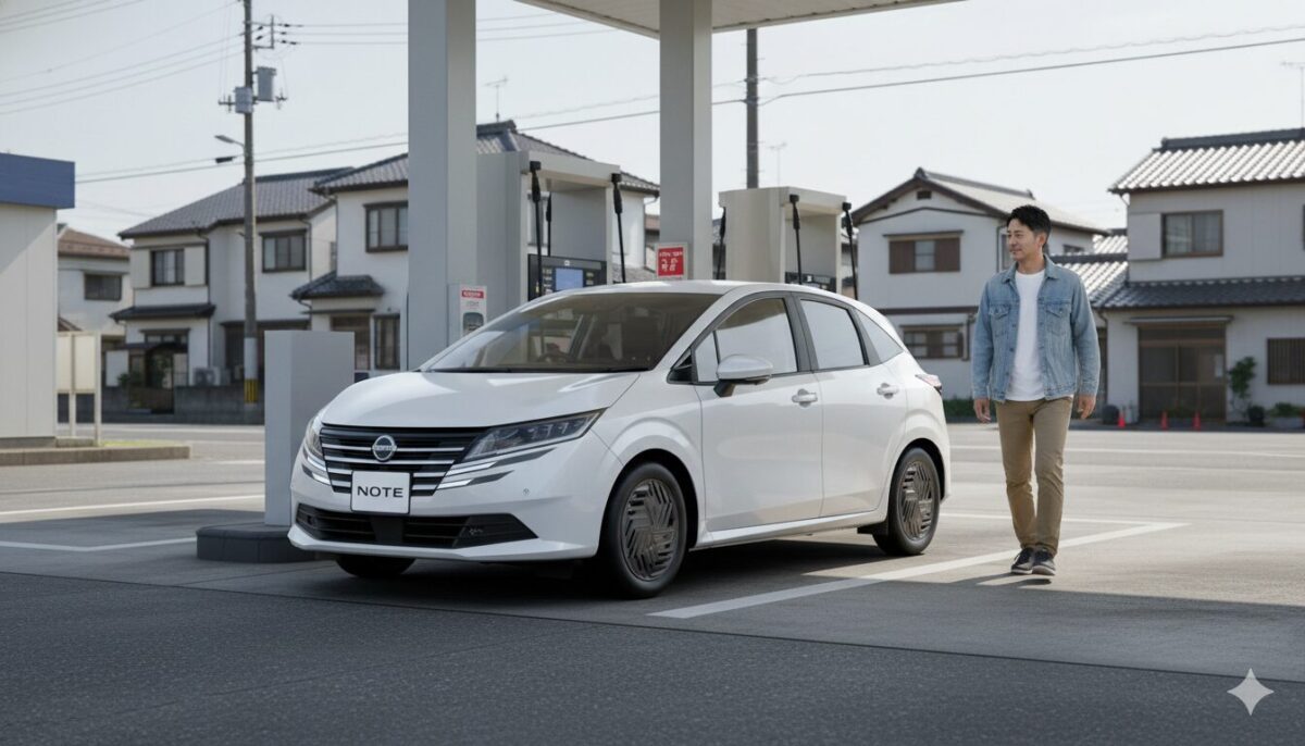 ガソリンスタンドに停めた白のノートとそばを歩く男性