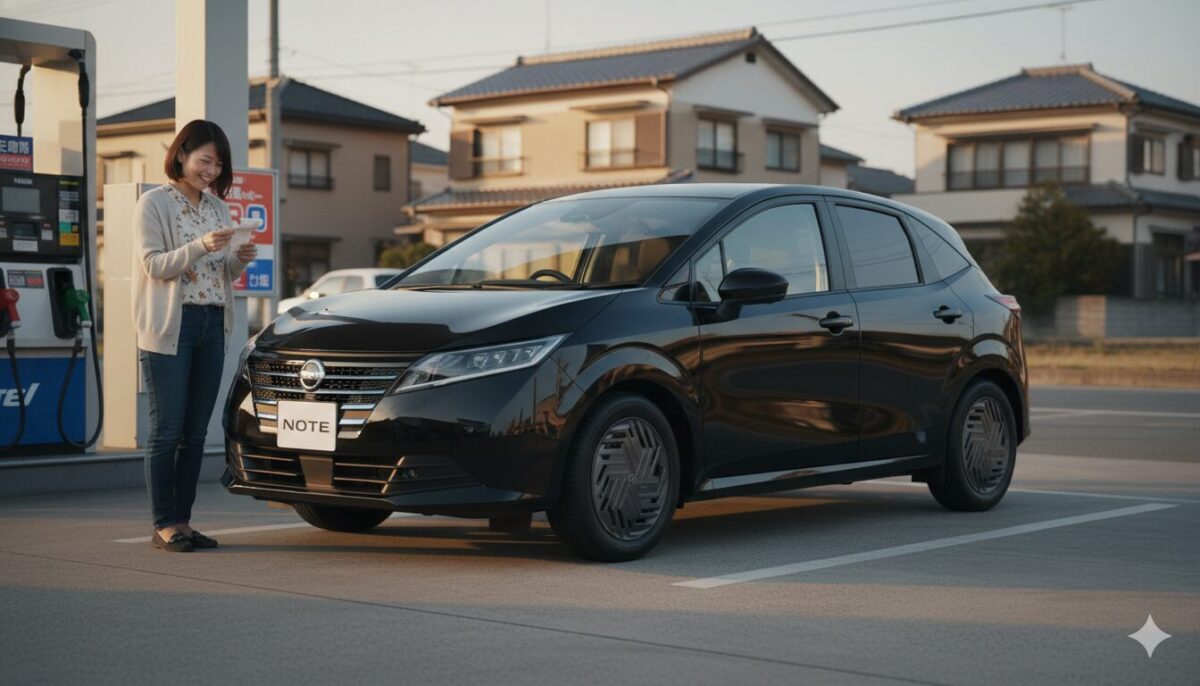 ノートに給油をしてレシートを見る女性