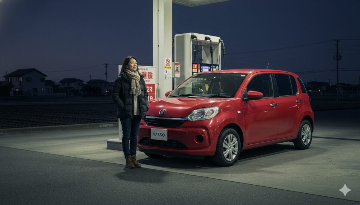 夜のガソリンスタンドで給油する女性