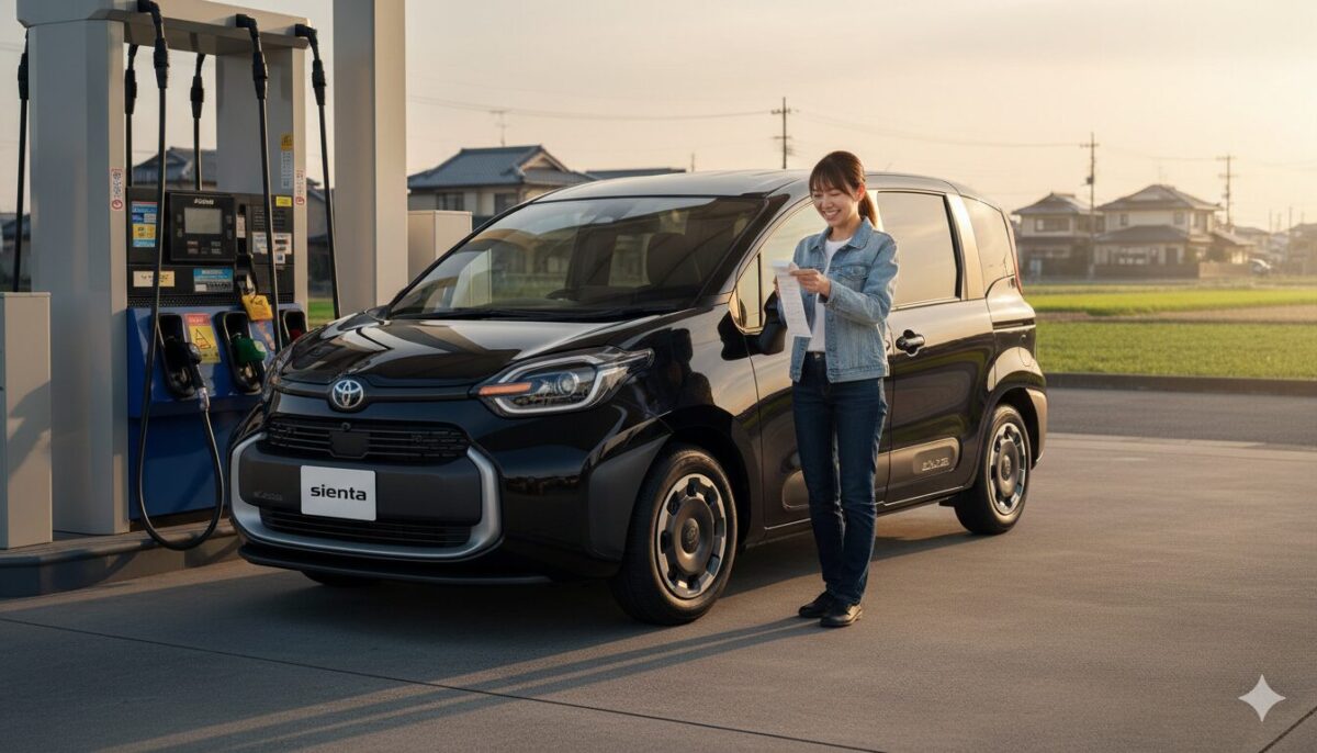 シエンタに給油してレシートを確認する女性