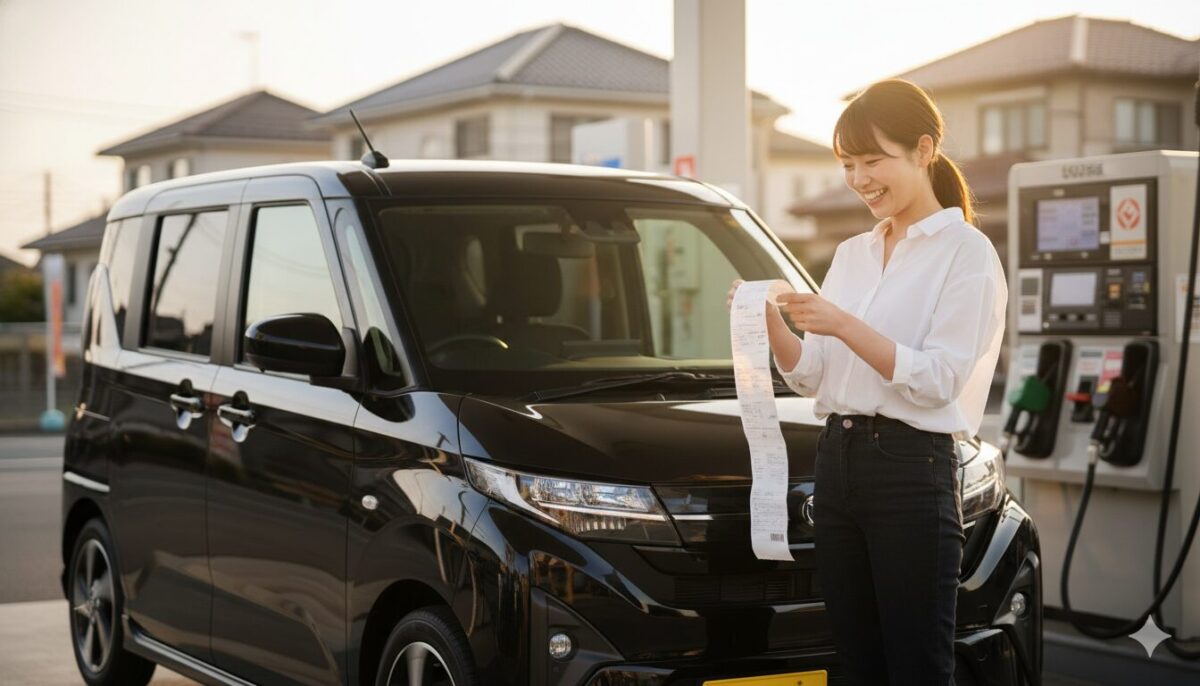 ムーブに給油した女性がレシートを確認中