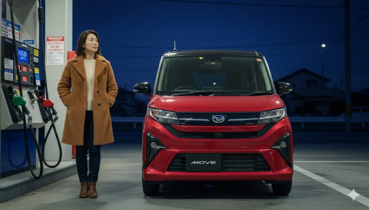 深夜のガソリンスタンドに赤のムーブを停めた女性