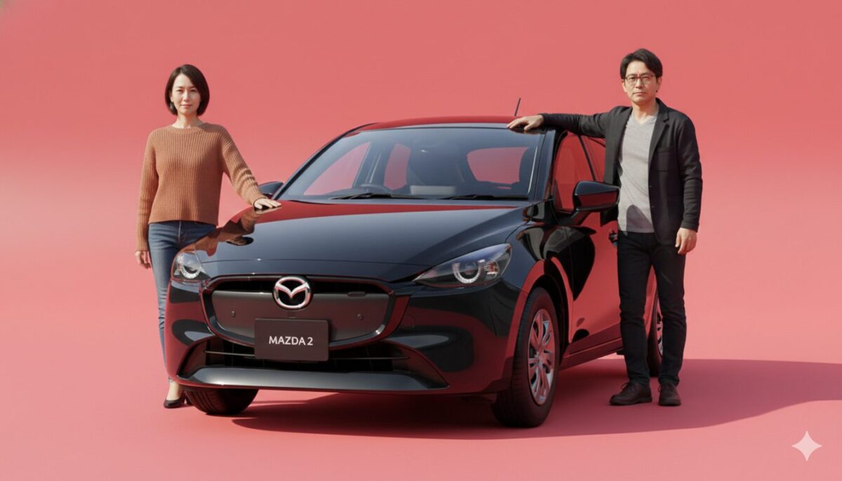 MAZDA2に手を置く40代の男女