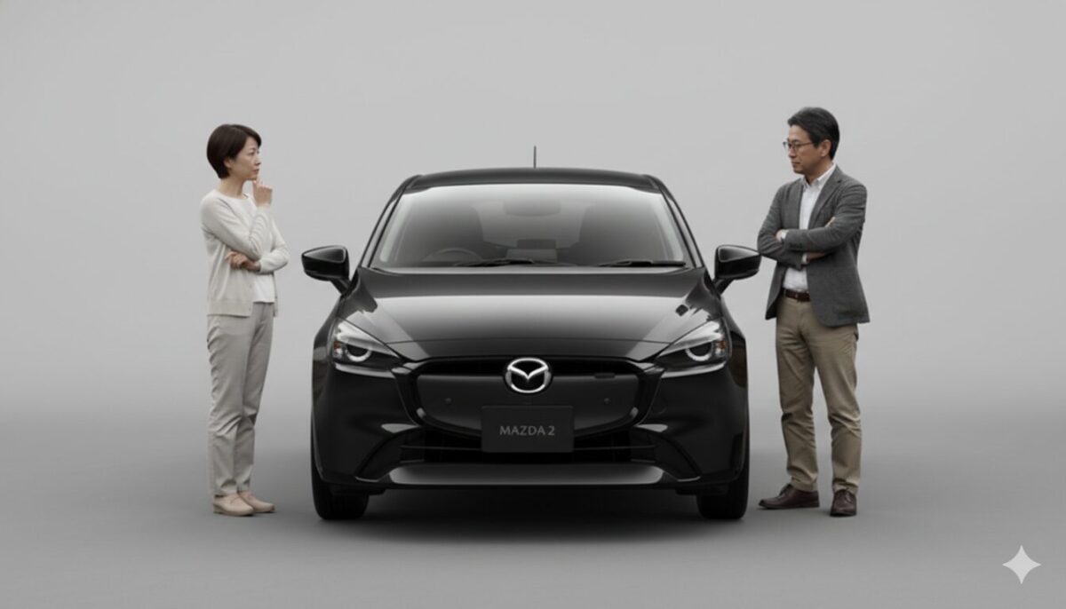 MAZDA2を見ながら悩む50代の男女