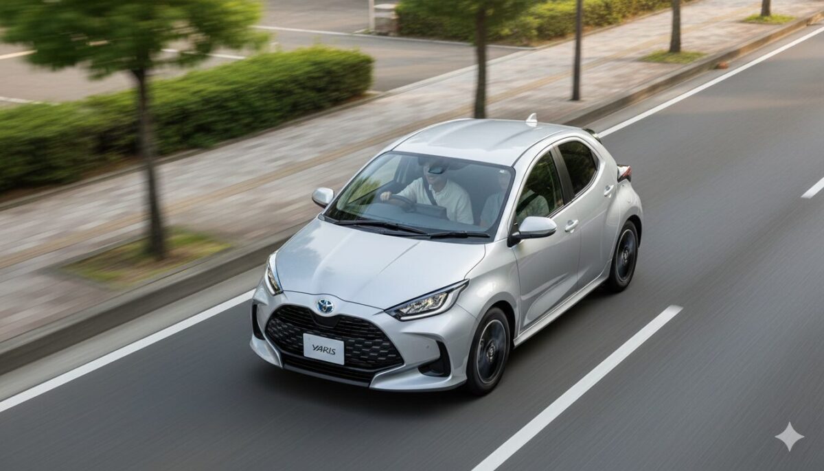 市街地を走り抜けるシルバーのヤリス