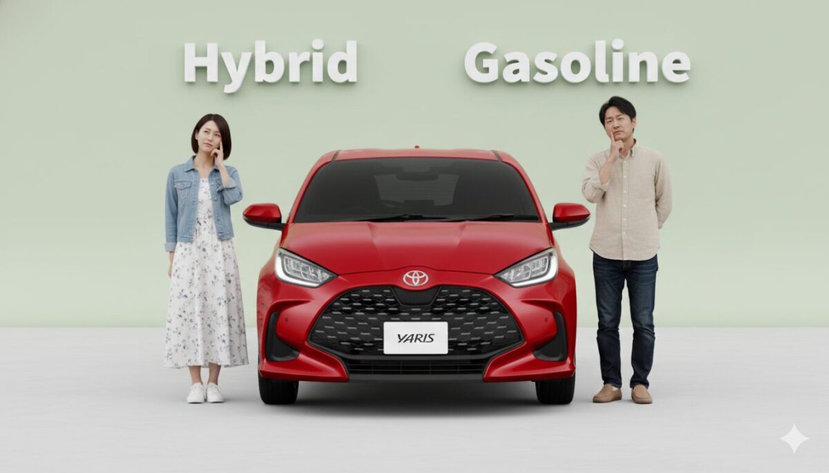 赤いヤリスの横でハイブリッドかガソリンか迷う男女