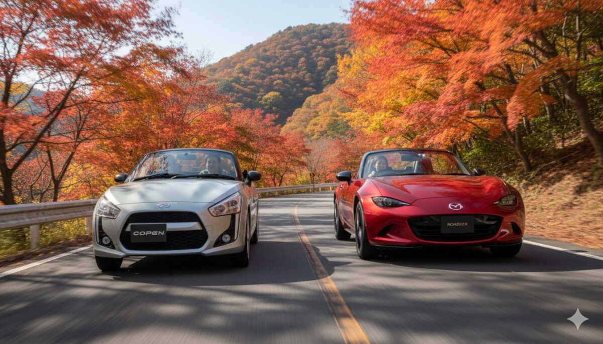 紅葉の峠道を競って上るコペンとロードスター
