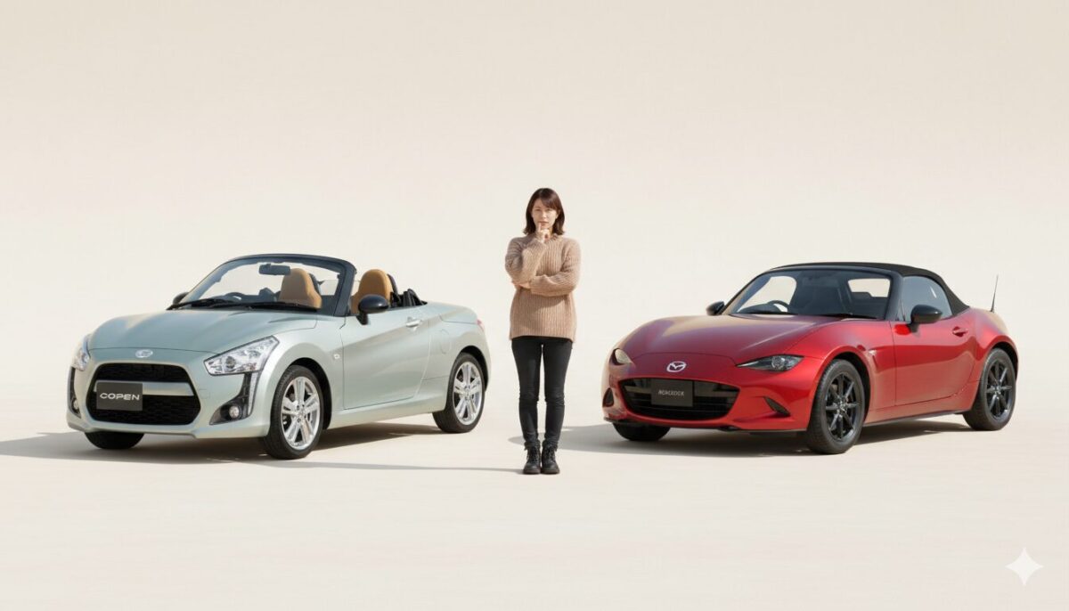 コペンとロードスターが並ぶまえで悩んでいる女性