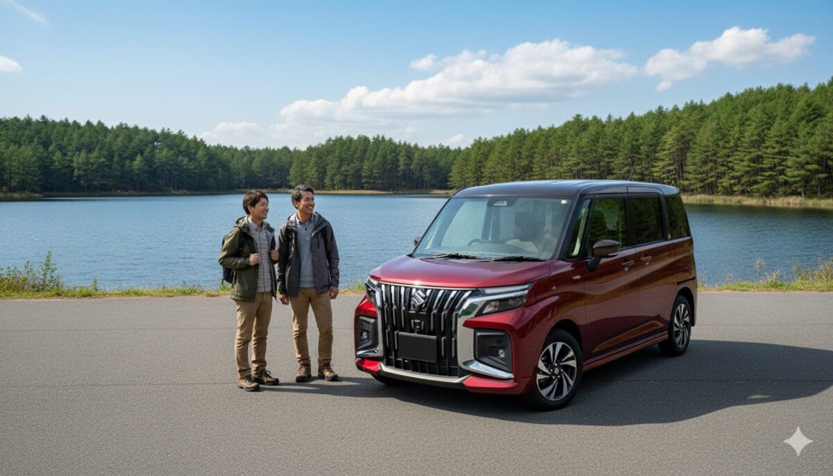 湖畔に停められたバンディットと脇に立つ男性2人