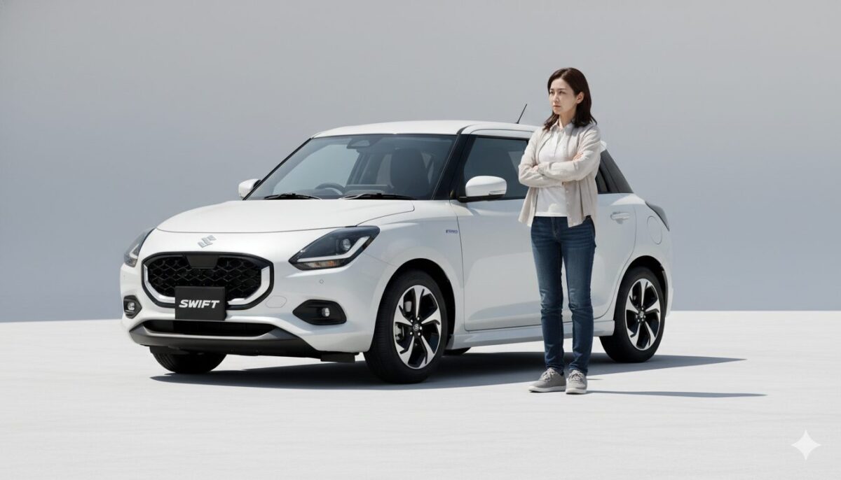 白のスイフトの脇に立つ女性