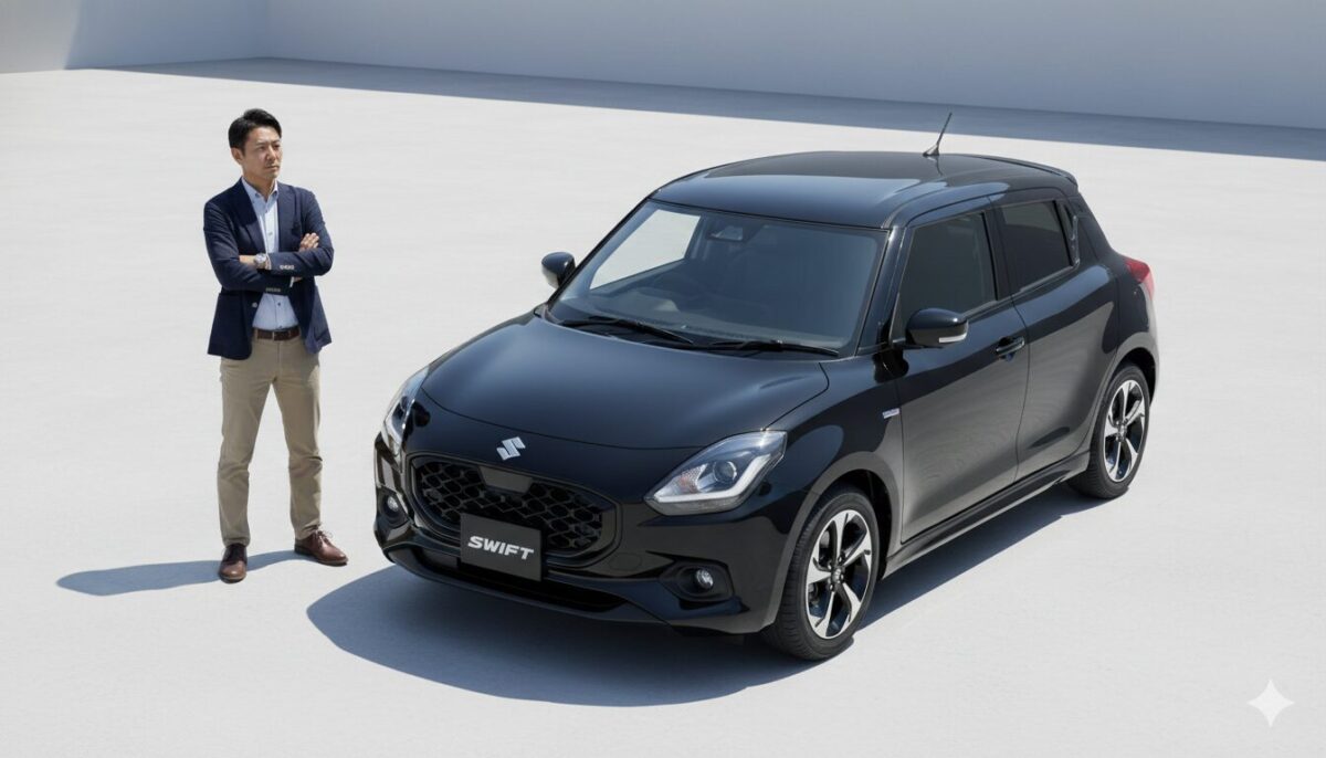 黒のスイフトの脇に立つ男性