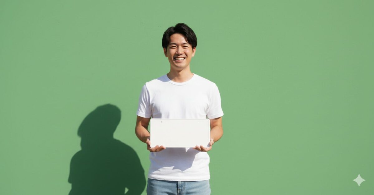 白いナンバープレートを抱えて笑顔を浮かべる男性