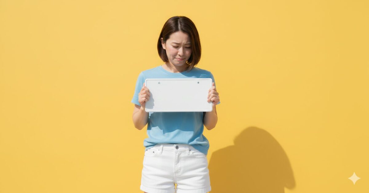 白いナンバープレートを抱えて恥ずかしそうにしている女性