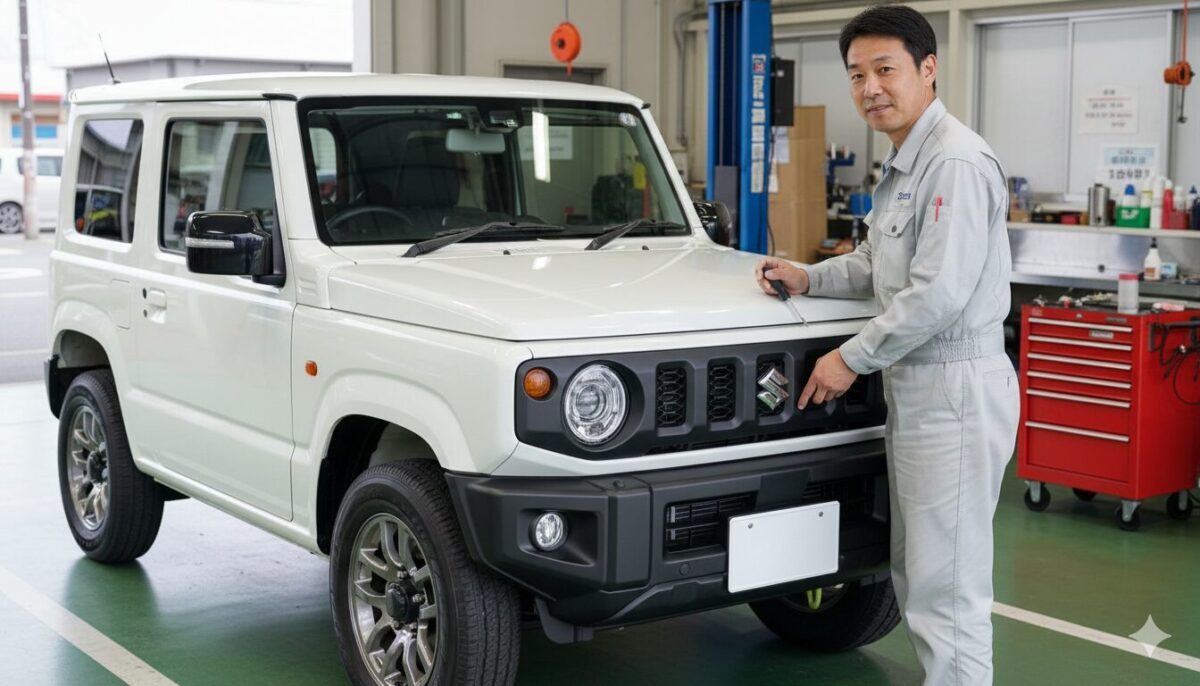 整備工場でジムニーに白ナンバーを付けた整備士